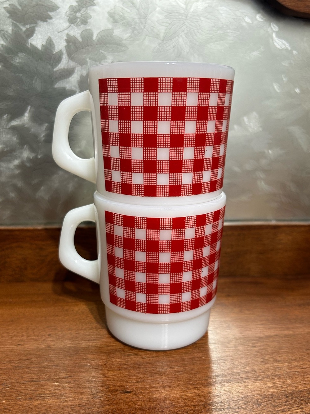 Vintage Termocrisa Gingham Red Checker Milk Glass - Mugs - Set of 2